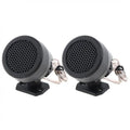 Black cylindrical vertical car horn tweeters with perforated grille and mounting brackets for car audio systems