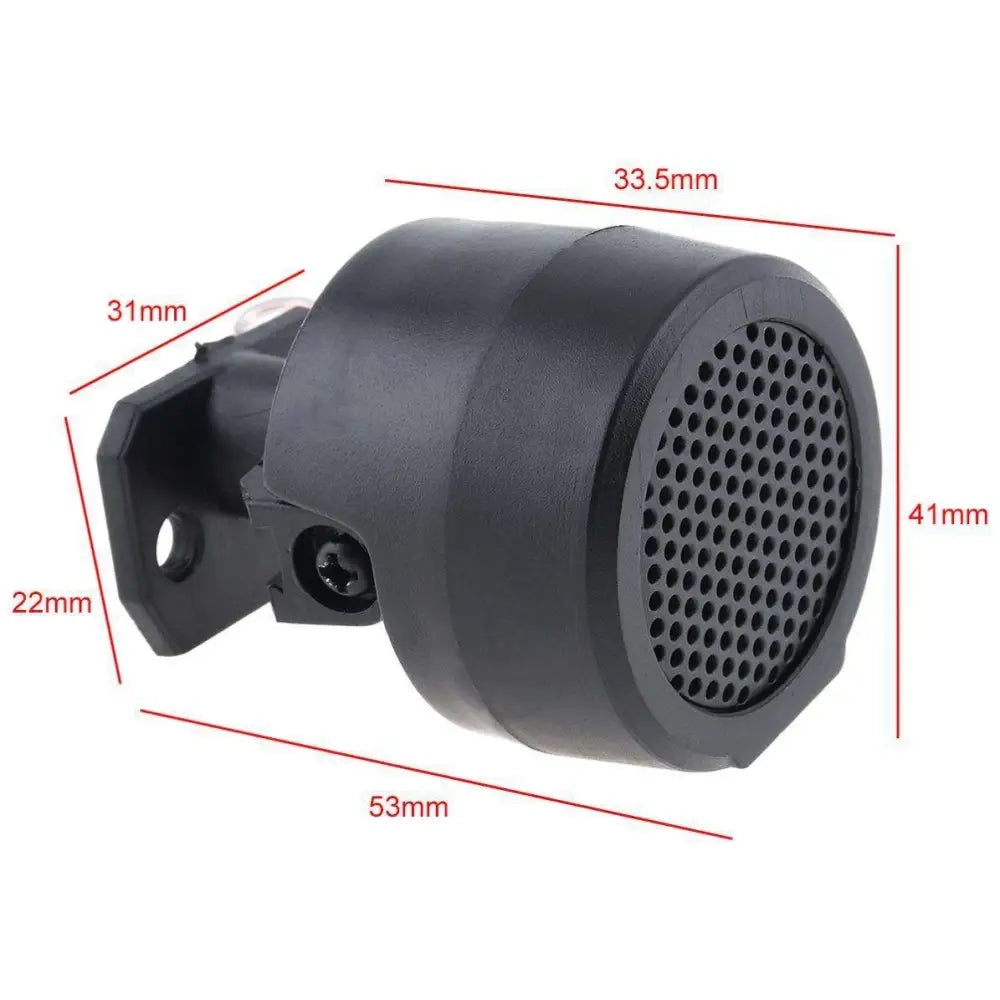 Black plastic vertical car horn tweeter with perforated grille and mounting bracket for vehicle use