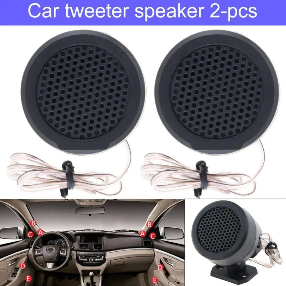 Black cylindrical vertical car horn tweeters with perforated grille and attached wiring designed for vehicle audio systems