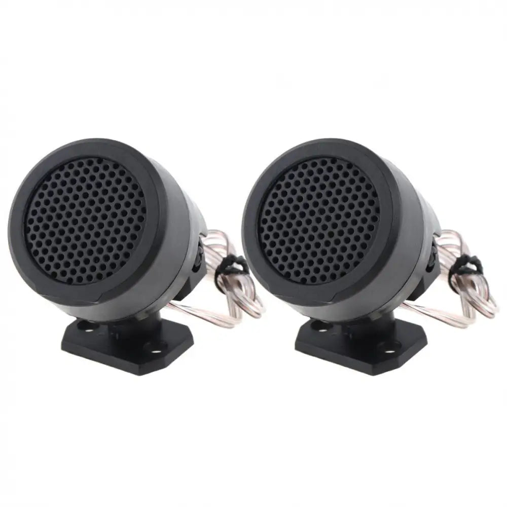 Black cylindrical vertical car horn tweeters with perforated grille and mounting brackets for vehicle audio systems