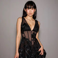 Black deep v-neck lace mesh evening dress with floral embroidery and sheer panels for formal occasions