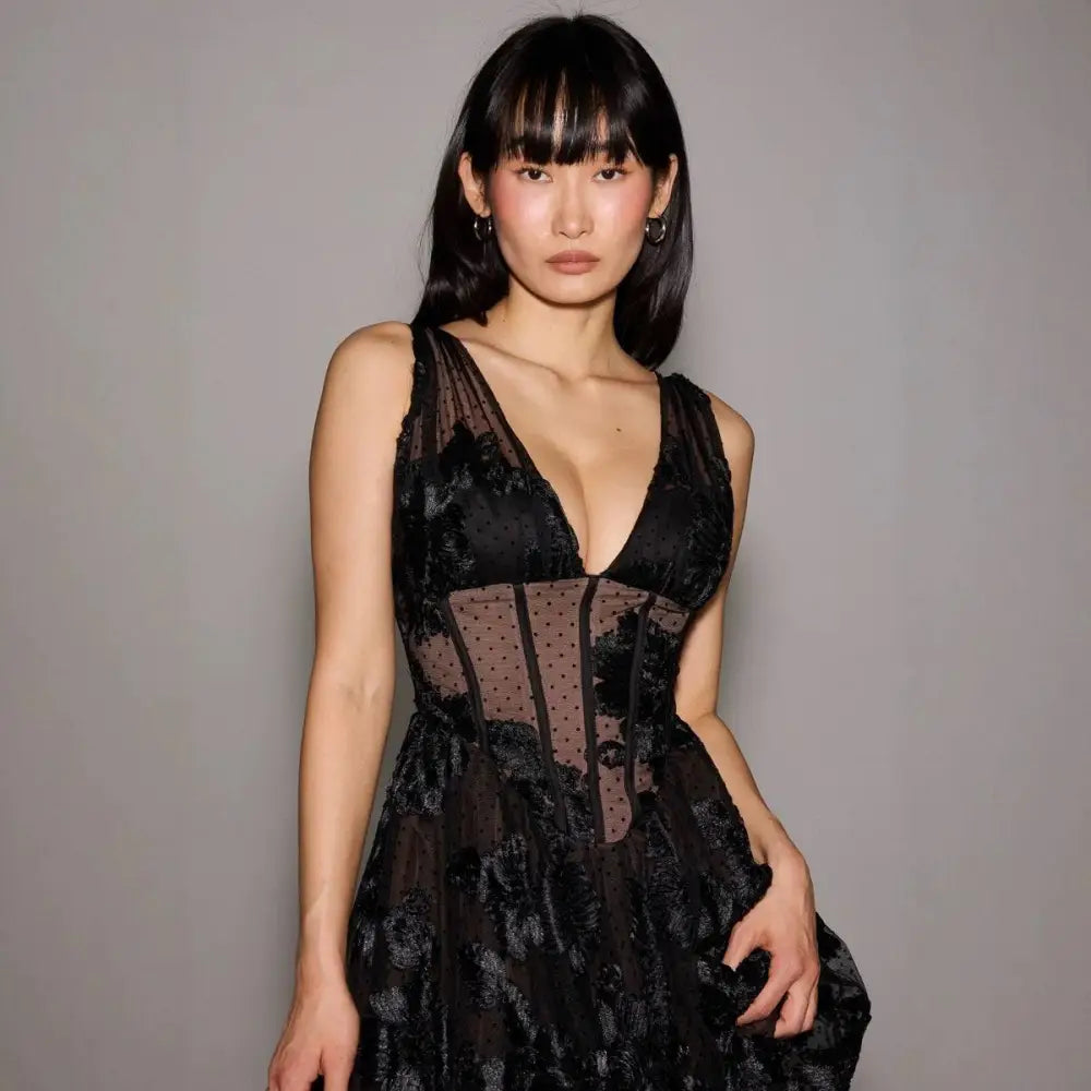 Black deep v-neck lace mesh evening dress with floral embroidery and sheer panels for formal occasions