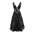 Elegant black deep v-neck lace mesh evening dress with floral embroidery and midi length design