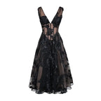 Elegant black deep v-neck lace mesh evening dress with floral embroidery and midi length design