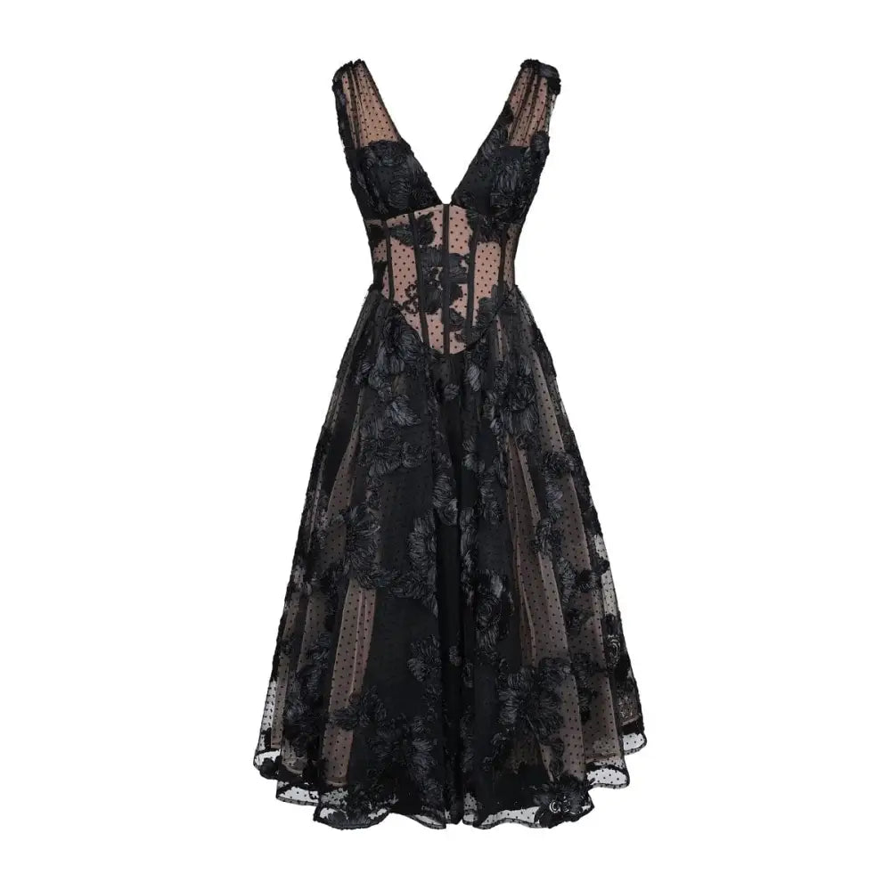 Elegant black deep v-neck lace mesh evening dress with floral embroidery and midi length design