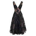Elegant black deep v-neck lace mesh evening dress with floral embroidery and sheer polka-dot mesh panels