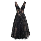 Elegant black deep v-neck lace mesh evening dress with floral embroidery and sheer polka-dot mesh panels