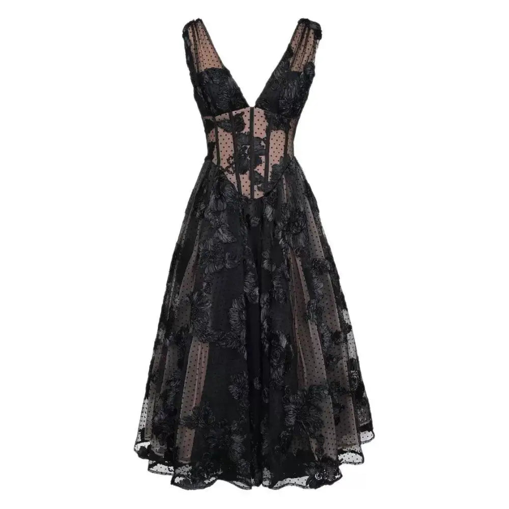 Elegant black deep v-neck lace mesh evening dress with floral embroidery and sheer polka-dot mesh panels