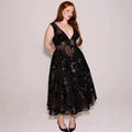 Black deep v-neck lace mesh evening dress with floral embroidery and sheer bodice in black lace midi style