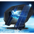 A sleek black lcd instrument vehicle hud head display with blue solar panels and a glowing central engine unit