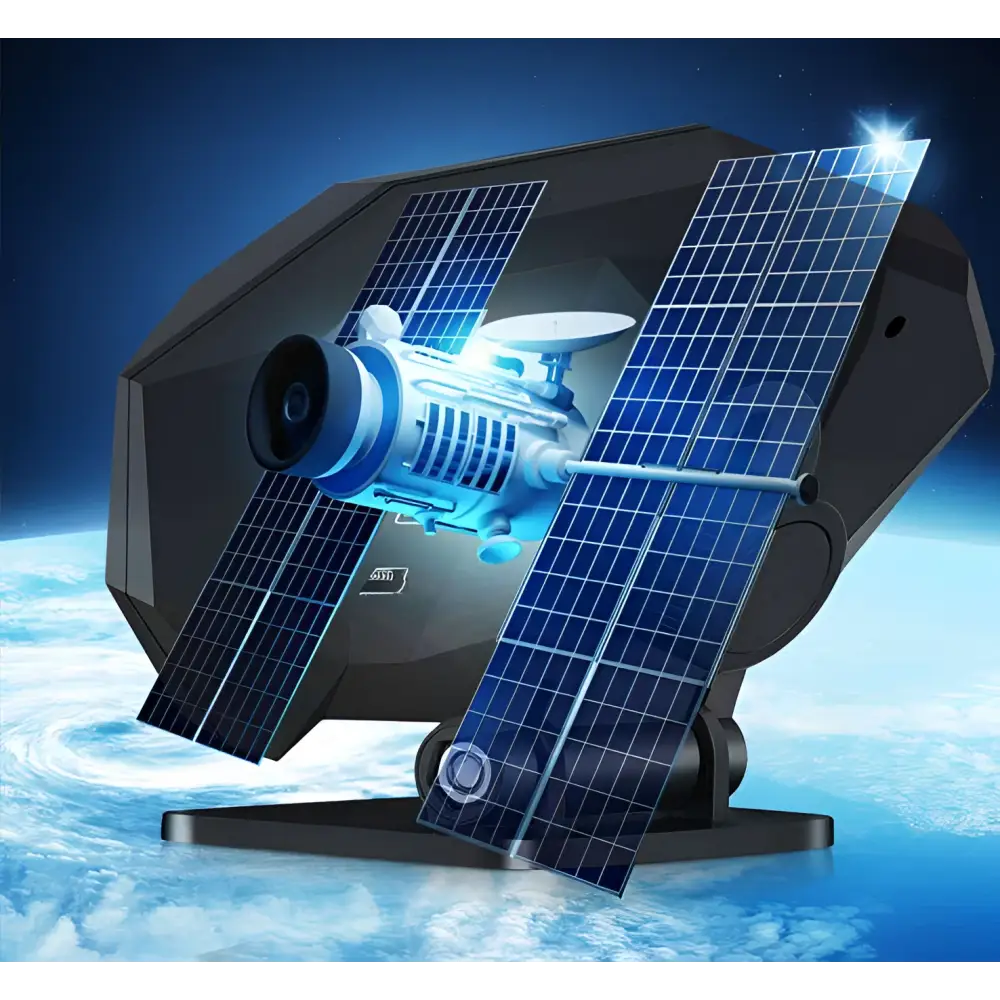 A sleek black lcd instrument vehicle hud head display with blue solar panels and a glowing central engine unit