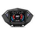 Black digital lcd instrument vehicle hud head display with angular design and glowing speedometer reading 80 km/h