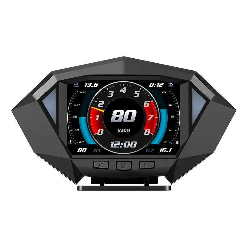 Black digital lcd instrument vehicle hud head display with angular design and glowing speedometer reading 80 km/h