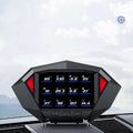 Black digital lcd instrument vehicle hud head display with sleek red and black angular design mounted on car windshield
