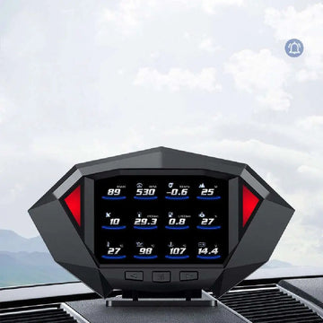 Black digital lcd instrument vehicle hud head display with sleek red and black angular design mounted on car windshield