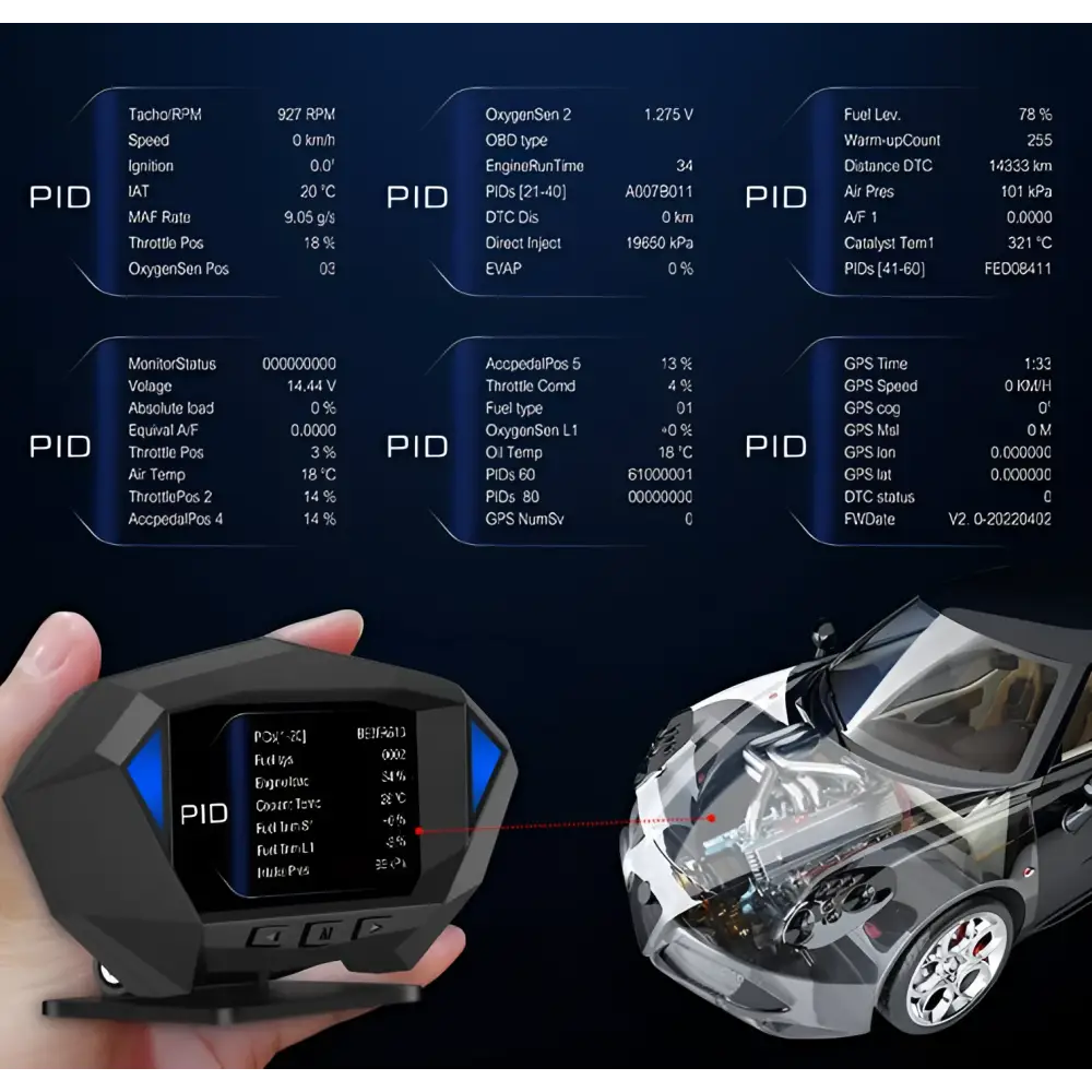 Black digital lcd instrument vehicle hud head display with sleek red and black angular design mounted on car windshield