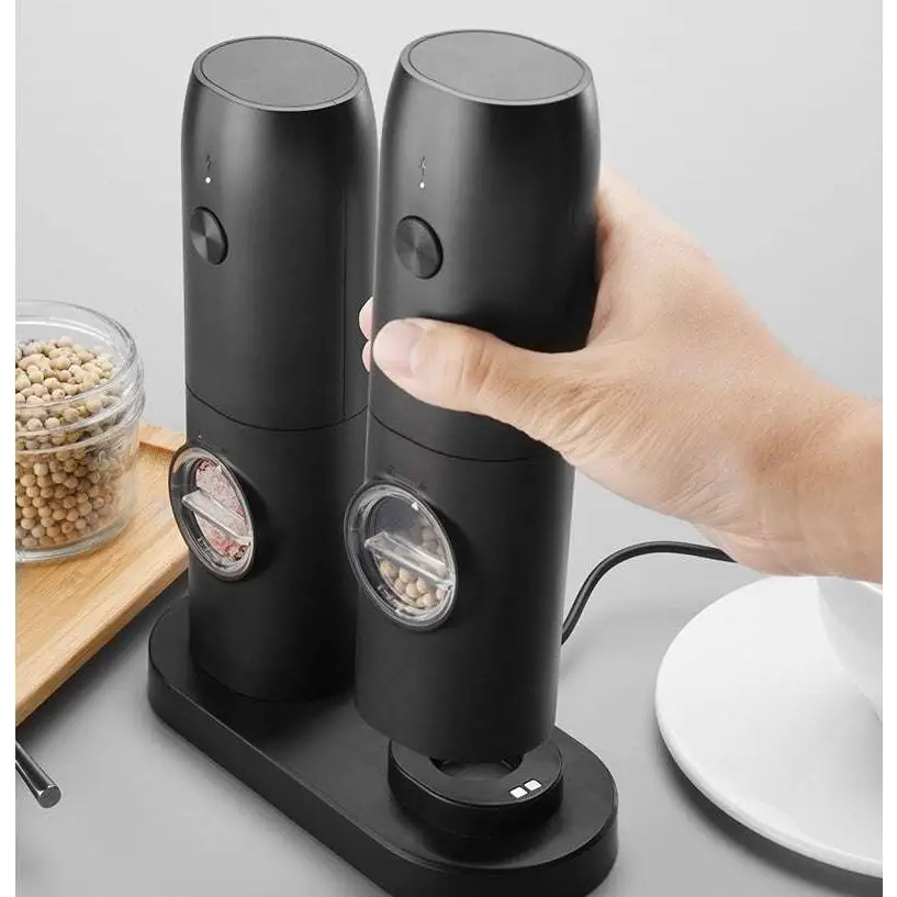 Black electric kitchen household grinder set with transparent windows for pepper and salt grinding use