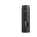Black cylindrical portable electric kitchen household grinder with metallic button and transparent hopper for grinding