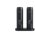 Black electric kitchen household grinder set featuring two sleek black cylindrical electric wine openers with metallic accents and matching base