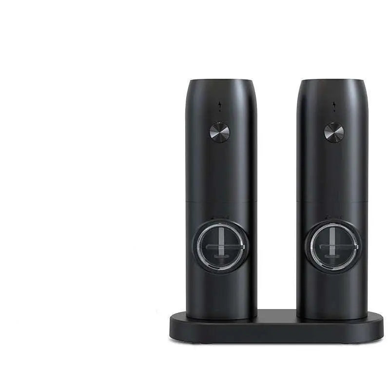 Black electric kitchen household grinder set featuring two sleek black cylindrical electric wine openers with metallic accents and matching base