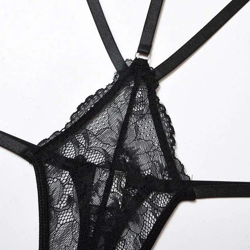 Black fashion lace striped cutout bodysuit featuring intricate floral patterns and thin straps for elegant wear