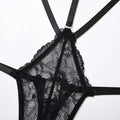 Black fashion lace striped cutout bodysuit with floral patterns featuring delicate mesh scalloped edges and adjustable straps