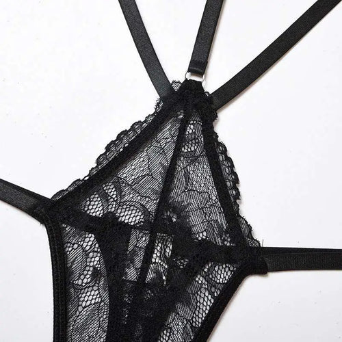Black fashion lace striped cutout bodysuit with floral patterns featuring delicate mesh scalloped edges and adjustable straps