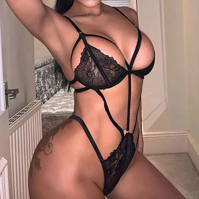 Black fashion lace striped cutout bodysuit featuring intricate floral patterns and thin straps for elegant wear