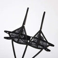 Black fashion lace striped cutout bodysuit featuring a black lace triangle bra with sheer floral patterns and thin straps