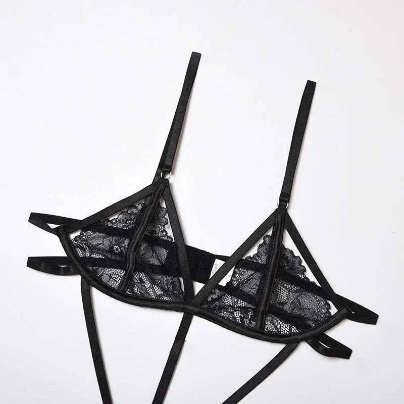Black fashion lace striped cutout bodysuit featuring a black lace triangle bra with sheer floral patterns and thin straps