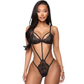 Black fashion lace striped cutout bodysuit featuring black lace with intricate floral patterns and thin straps