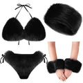 Black faux fur bikini set with wrist cuffs and matching headband featuring a stylish design for elegant wear