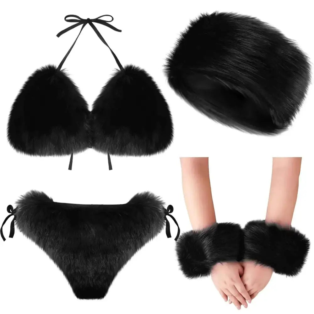 Black faux fur bikini set with wrist cuffs and matching headband featuring a stylish design for elegant wear