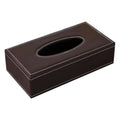 Brown leather car tissue box cover with white stitching and oval opening in black faux leather style design