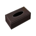 Black faux leather car tissue box cover in dark brown with white stitching and central oval opening for tissues