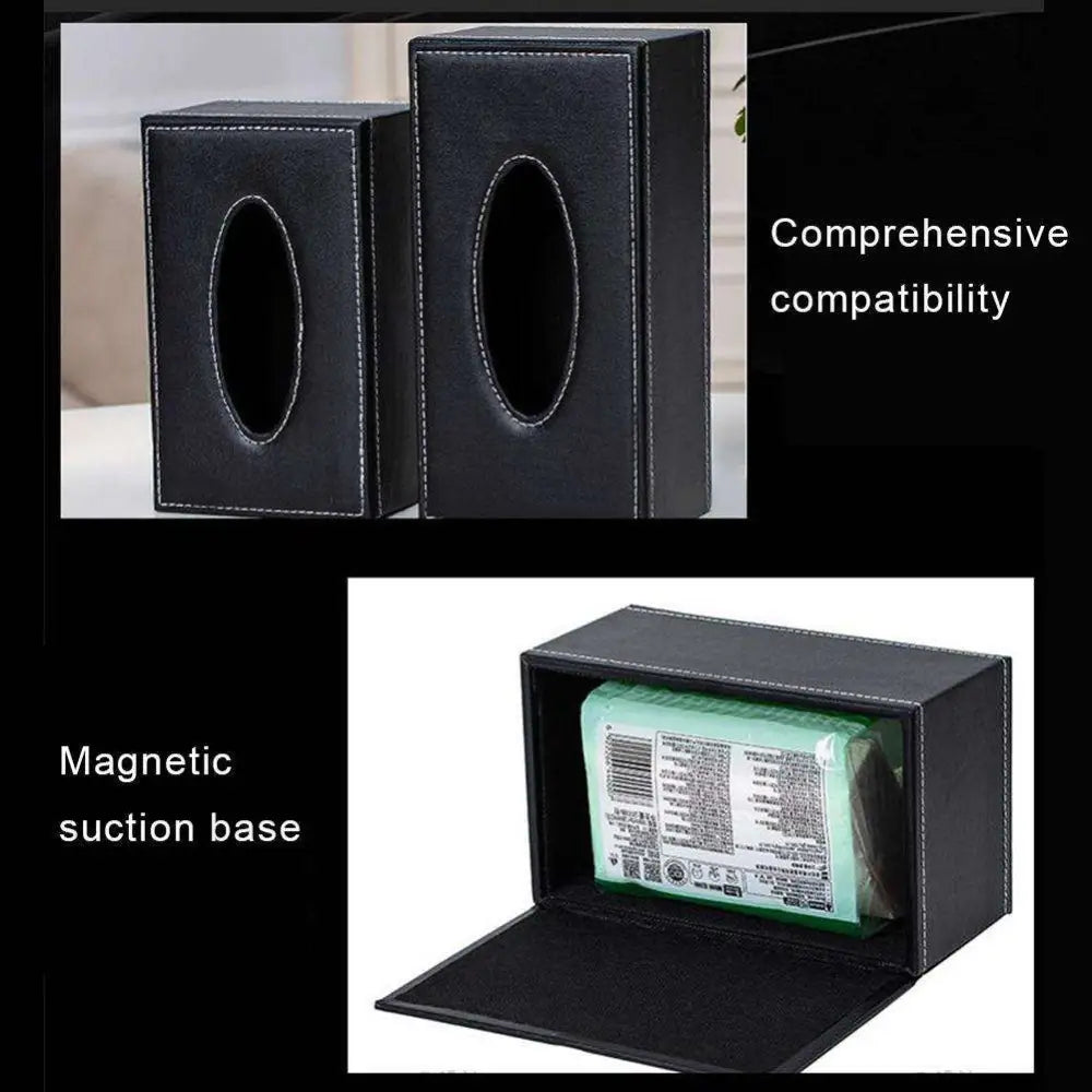 Black faux leather car tissue box cover with oval cutout and stitched edges for car tissue box use