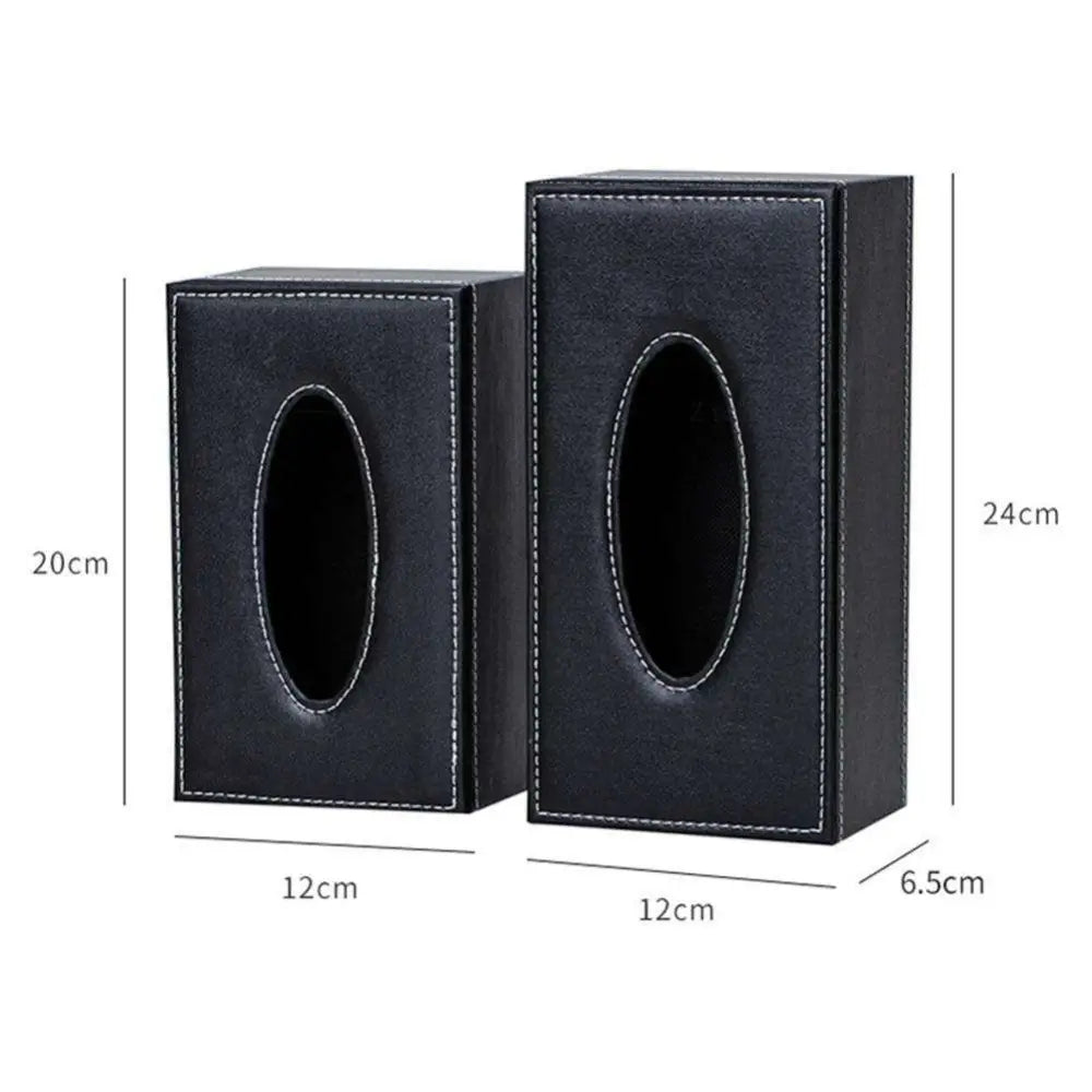 Black faux leather car tissue box cover with white stitching and oval cutout for easy tissue access