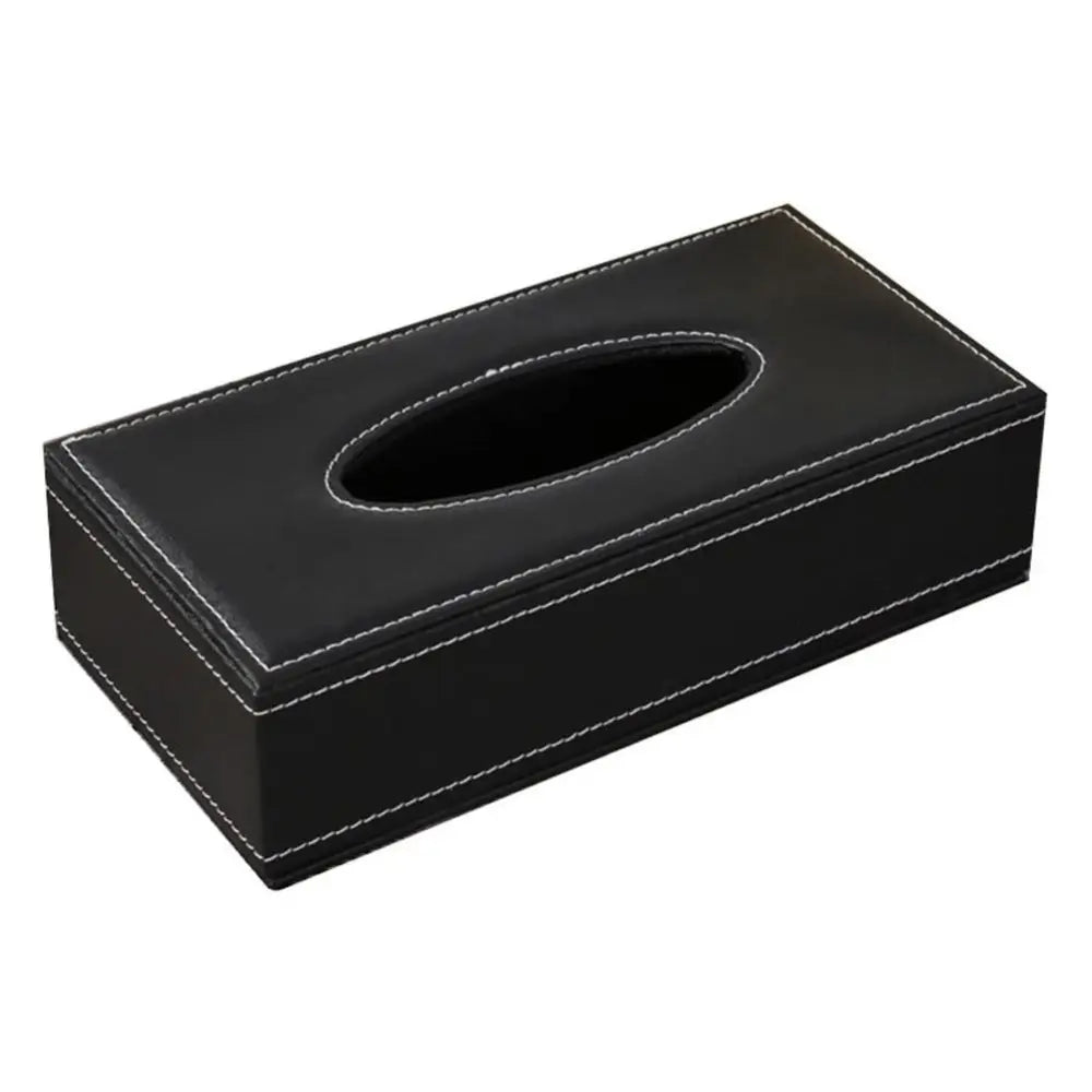 Black faux leather car tissue box cover with white stitching and central oval opening for easy tissue access