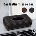 Black faux leather car tissue box cover with white stitching and oval opening for easy tissue access