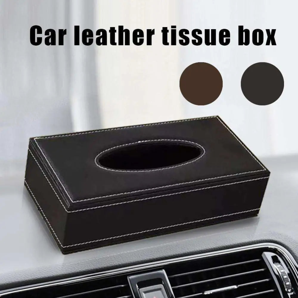 Black faux leather car tissue box cover with white stitching and oval opening for easy tissue access