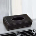 Black faux leather car tissue box cover with white stitching and central oval opening for easy tissue access