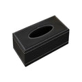 Black faux leather car tissue box cover with white stitching and oval opening for easy tissue access