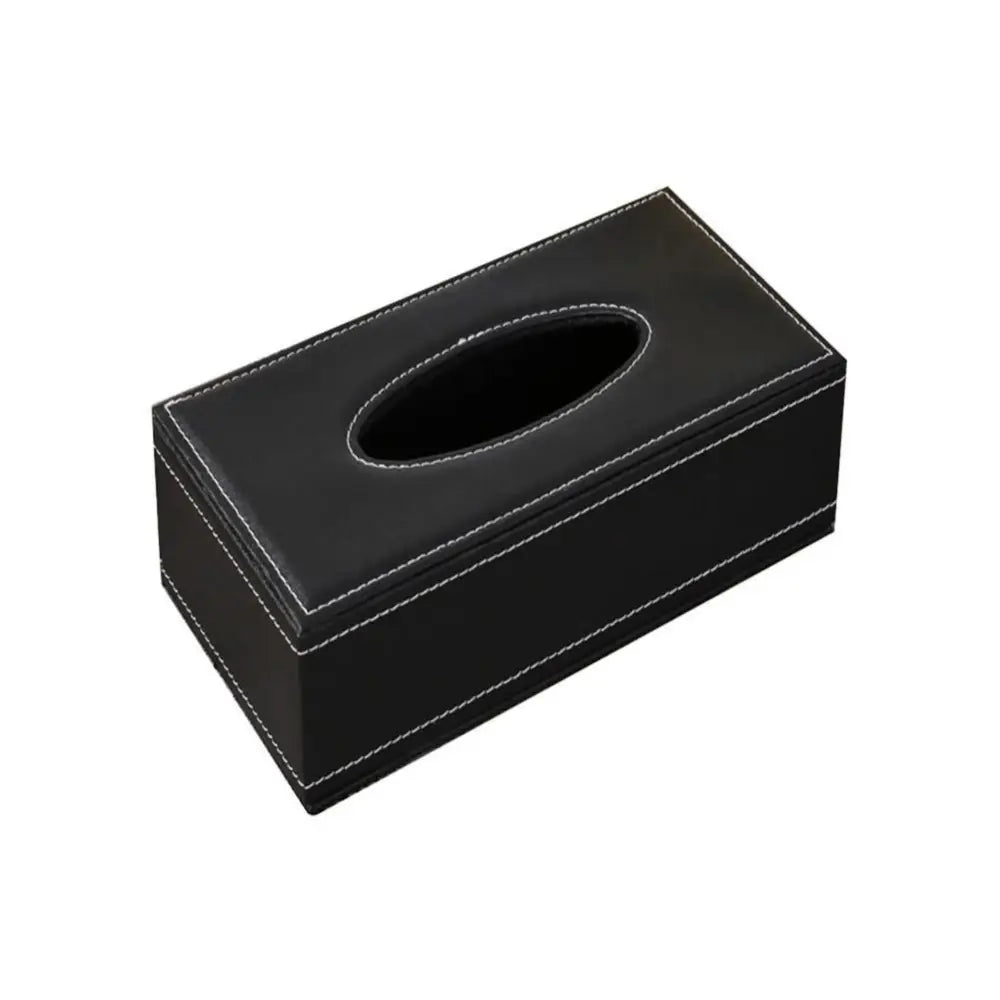 Black faux leather car tissue box cover with white stitching and oval opening for easy tissue access