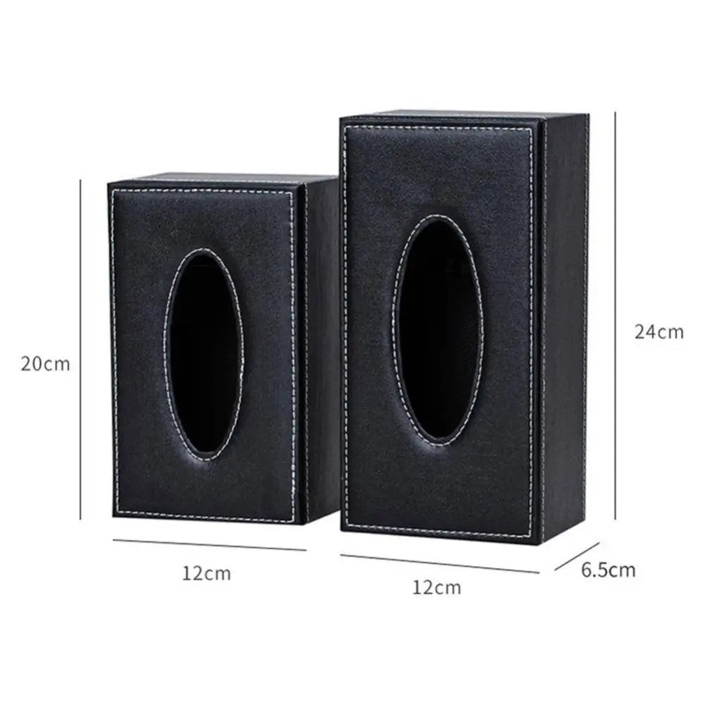 Black faux leather car tissue box cover with white stitching and oval cutout for easy tissue access