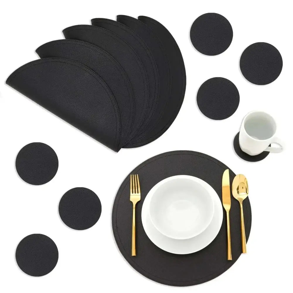 Black faux leather round placemats and matching coasters set with textured finish for enhanced dining experience