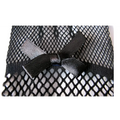 A sleek black satin bow tied atop fine black knitted stretch mesh fabric on black fishnet stretch mesh gloves