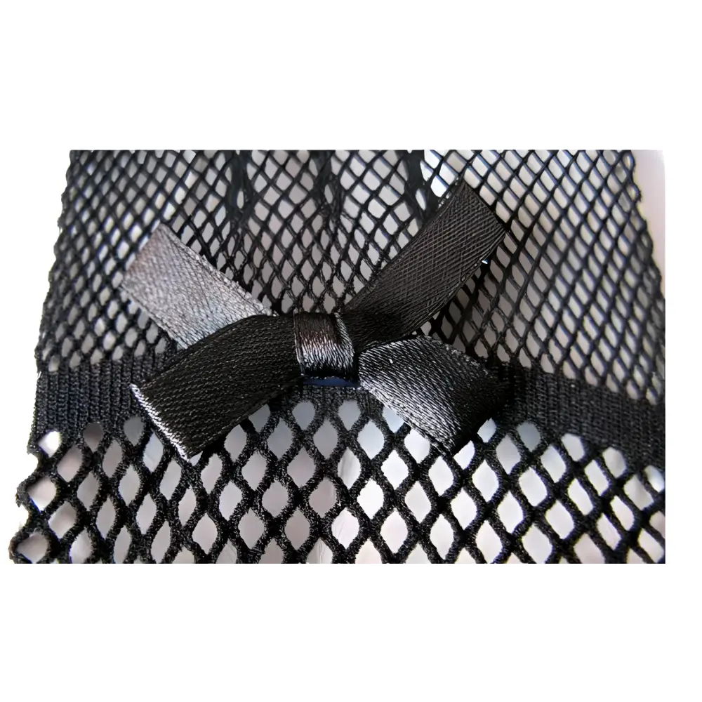 A sleek black satin bow tied atop fine black knitted stretch mesh fabric on black fishnet stretch mesh gloves