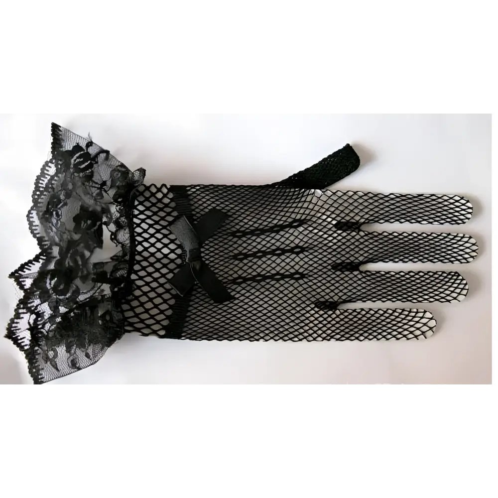 Black fishnet stretch mesh gloves with floral lace cuffs and satin bow pair knitted stretch mesh design