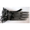 Black fishnet stretch mesh gloves featuring intricate lace cuffs and a small bow accent in a pair knitted stretch design