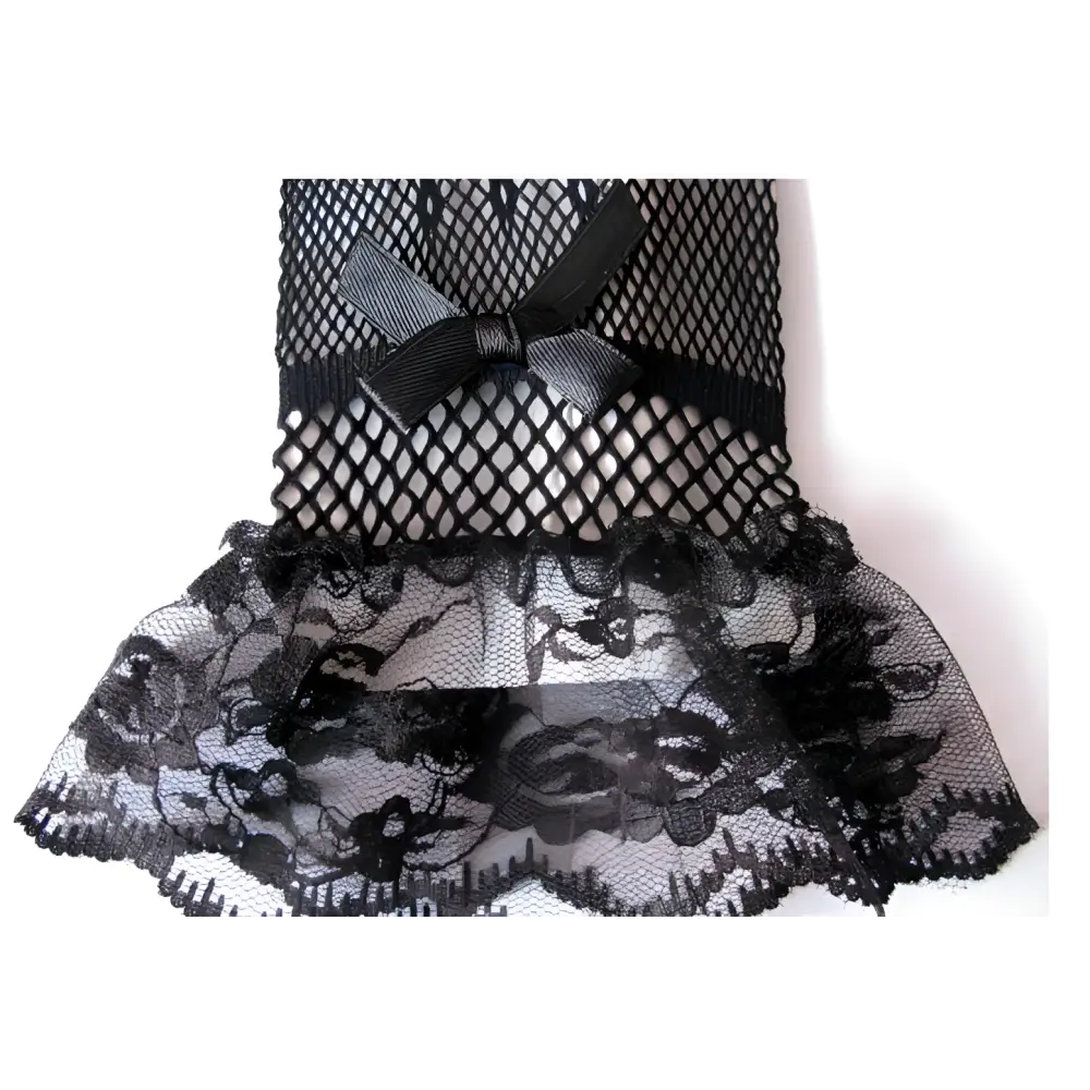 Black fishnet stretch mesh gloves with floral lace cuffs and satin bow pair knitted stretch mesh accessory
